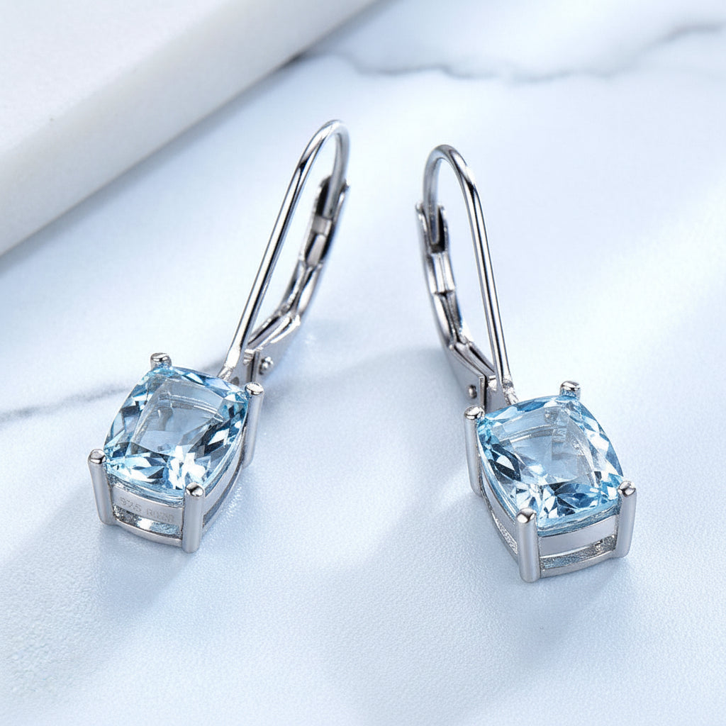 Lady Blue Natural Topaz Gemstone Pendant Earrings set in 18K White Gold Plated 925  Silver