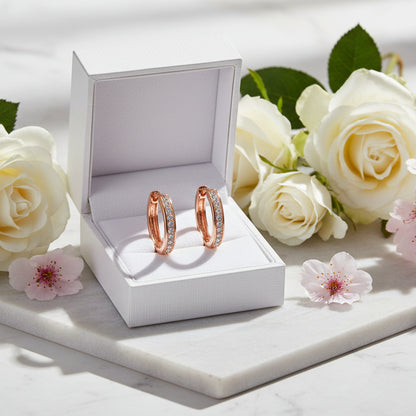 Linear Row European Inspired Hoop Micro Moissanite Earrings set in 18K Gold Plated 925 Silver Capella Reya rose gold box 2