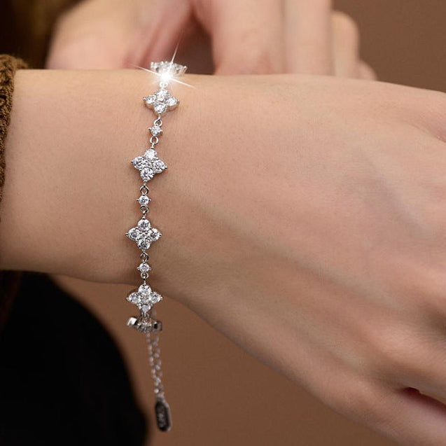 Four-leaf Clover Micro Inlay Moissanite Diamond Bracelet set in 18K White Gold Plated 925 Silver
