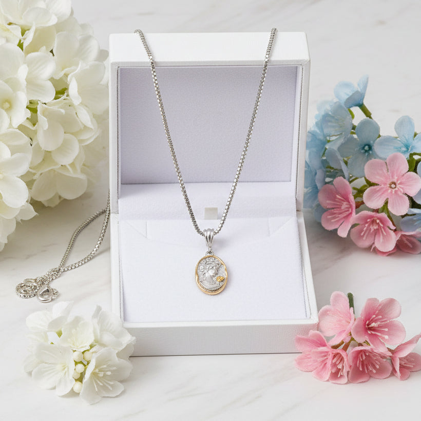 French Designed Queen Elizabeth Portrait Pendant set in Platinum Plated 925 Silver Necklace