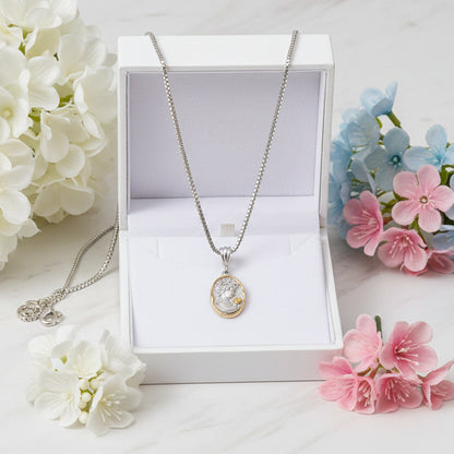 French Inspired Queen Elizabeth Portrait Pendant set in Platinum Plated 925 Silver Necklace Capella Jewellery