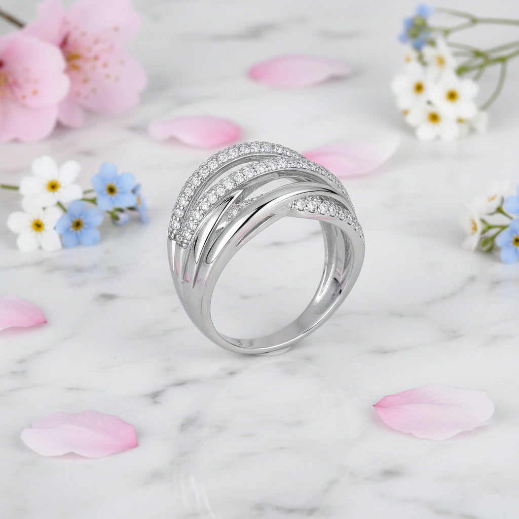 Italian Twist Micro Pavé-set 132 Moissanite Diamond Ring set in 18K White Gold Plated 925 Silver