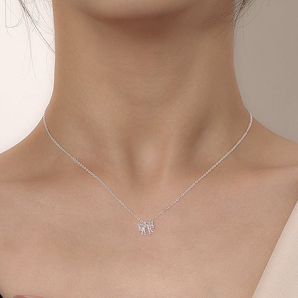 Princess Bow Micro Natural Zircon Gemstone Pendant Necklace set in Pure 999 Silver