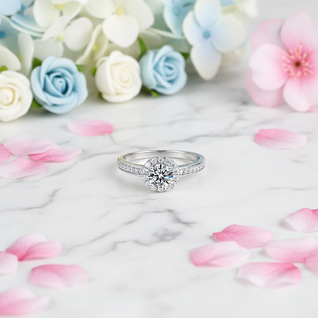 French Round Cut Design 0.5 Carat Moissanite Diamond Ring set in 18K White Gold 925 Silver (GRA)