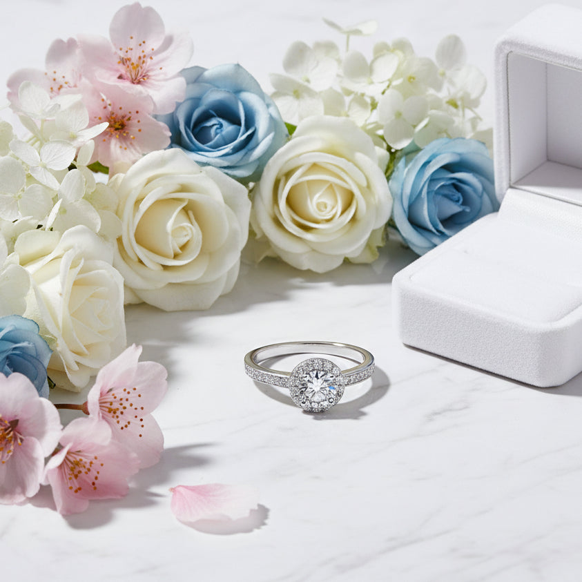 French Round Cut Design 0.5 Carat Moissanite Diamond Ring set in 18K White Gold 925 Silver (GRA)