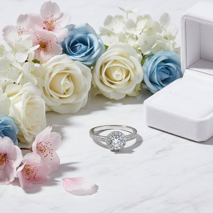 French Halo Pavé Micro Stone Solitaire 0.5 Carat Moissanite Ring set in 18K White Gold 925 Silver (GRA) Capella Jewellery