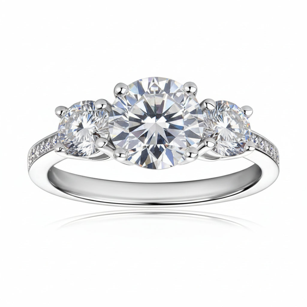 Italian Three Stone 3 Carat Moissanite Diamond Ring set in 18K White Gold Plated 925 Silver (GRA)