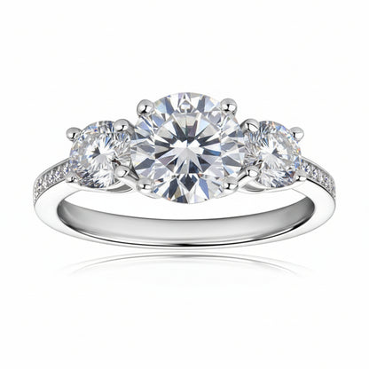 Italian Three Stones Pavé Sides 3 Carat Moissanite Ring set in 18K White Gold Plated 925 Silver (GRA) Capella Jewellery