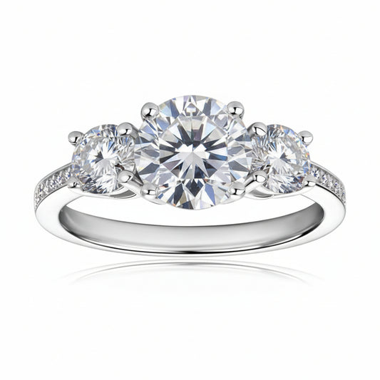 Italian Three Stones Pavé Sides 3 Carat Moissanite Diamond Ring set in 18K White Gold Plated 925 Silver (GRA)