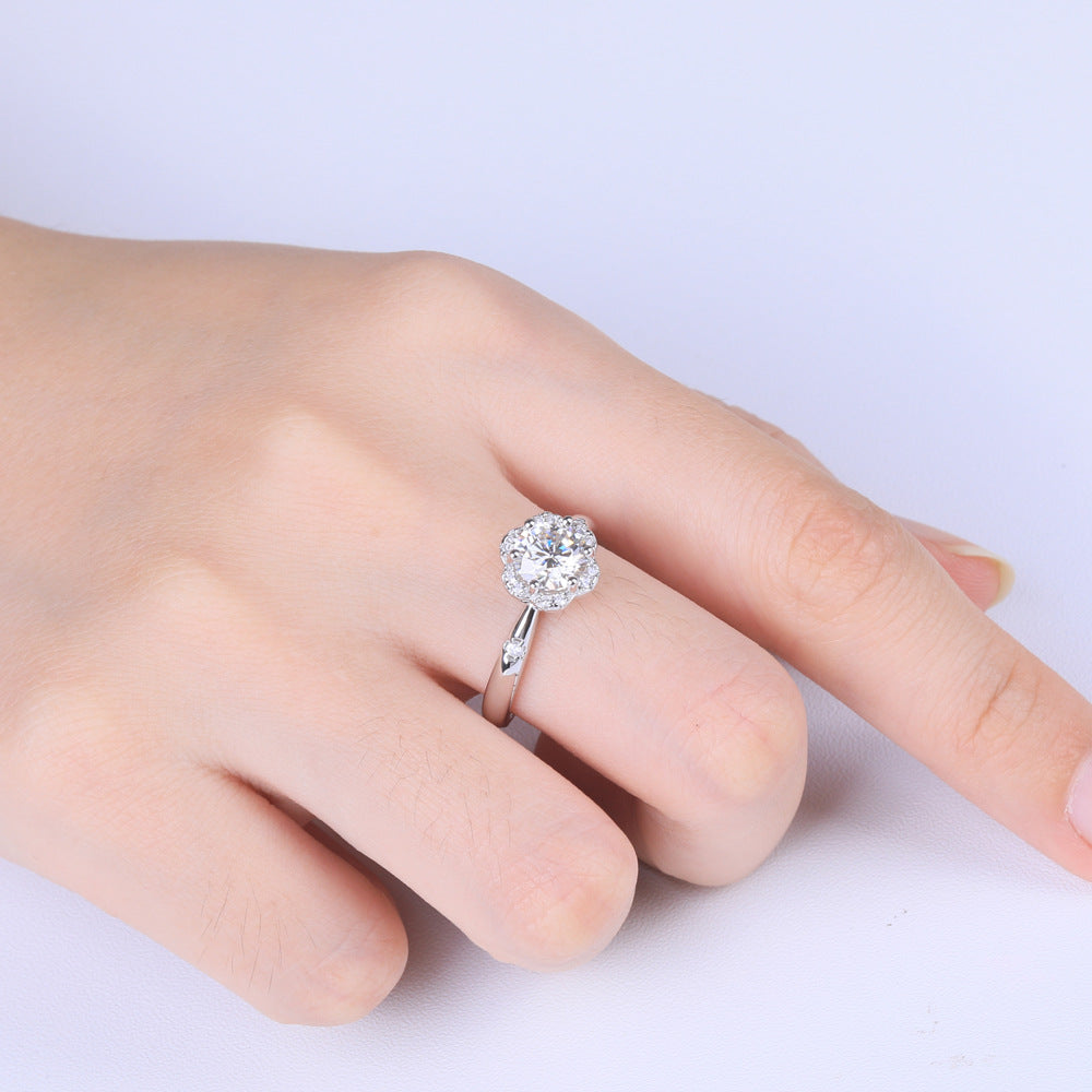 Classic French Flower 1 Carat Moissanite Diamond Ring set in Platinum Plated 925 Silver (GRA)