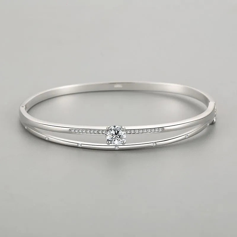 French Double Layer Solitaire Natural Zircon Gemstone Bracelet set in Platinum Plated 925 Silver Capella Jewellery