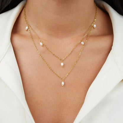 Elegant Italian Design Real Natural Pearl Double Layer Twin Necklace set in 18K Gold Plating Capella Jewellery