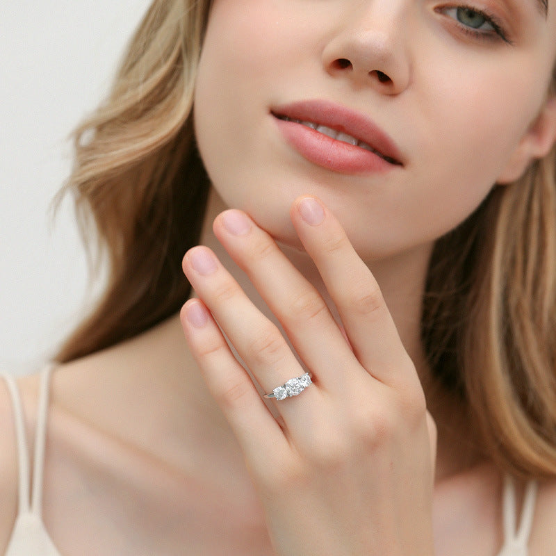 French Three Stones Design 4 Carat Moissanite Ring set in 18k White Gold Plated 925 Silver (GRA) Capella Jewellery