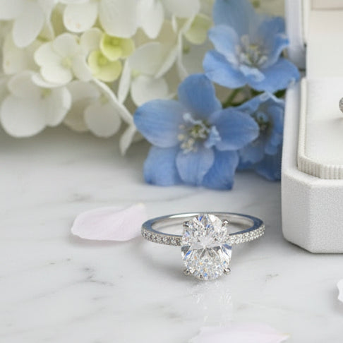 Classic European Oval Cut 3 Carat Moissanite Diamond Ring set in Platinum Plated 925 Silver (GRA)