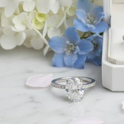Classic European Oval Cut Solitaire 3 Carat Moissanite Ring set in Platinum Plated 925 Silver (GRA) Capella Jewellery