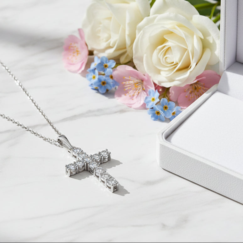 French Holy Cross Design 1 Carat Moissanite Diamond Pendent set in Platinum Plated 925 Silver