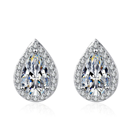 Italian Water Drop Design Halo 2 Carat Moissanite Earrings set in Platinum Plated 925 Silver (GRA) Capella Reya pic 1