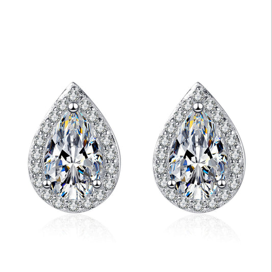 Italian Water Drop Design Halo 2 Carat Moissanite Diamond Earrings set in Platinum Plated 925 Silver (GRA)