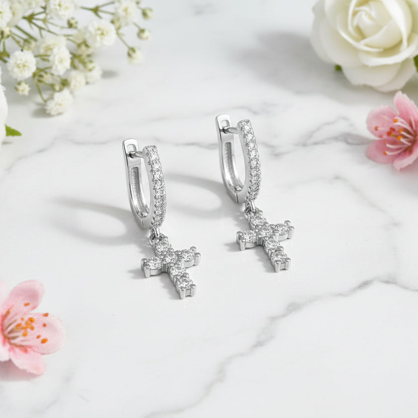 Holy Christian Cross 1 Carat Moissanite Diamond Earrings set in Platinum Plated 925 Silver (GRA)