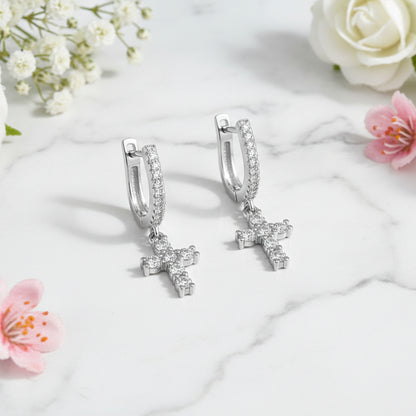 French Holy Christian Cross 1 Carat Moissanite Earrings set in Platinum Plated 925 Silver (GRA) Capella Reya pic 2