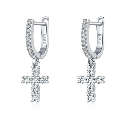 French Holy Christian Cross 1 Carat Moissanite Earrings set in Platinum Plated 925 Silver (GRA) Capella Reya pic 1