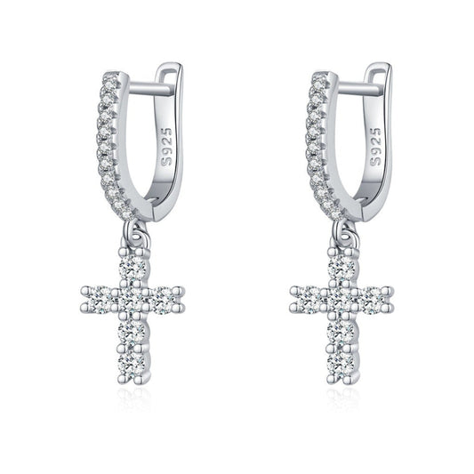 French Holy Christian Cross 1 Carat Moissanite Diamond Earrings set in Platinum Plated 925 Silver (GRA)