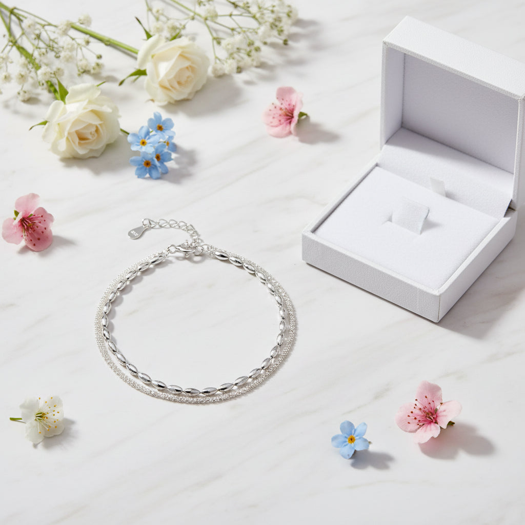 Starry Rice Bead Double Layer Bracelet set in White Gold Plated 925 Sterling Silver
