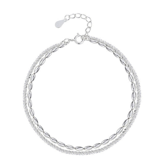 Italian Modern Rice Bead Double Layer Bracelet set in White Gold Plated 925 Sterling Silver