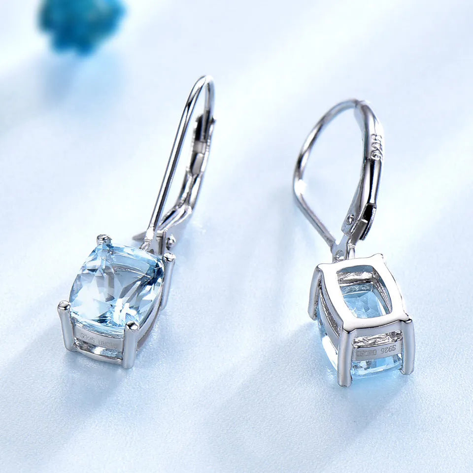 Lady Blue Natural Topaz Gemstone Pendant Earrings set in 18K White Gold Plated 925  Silver