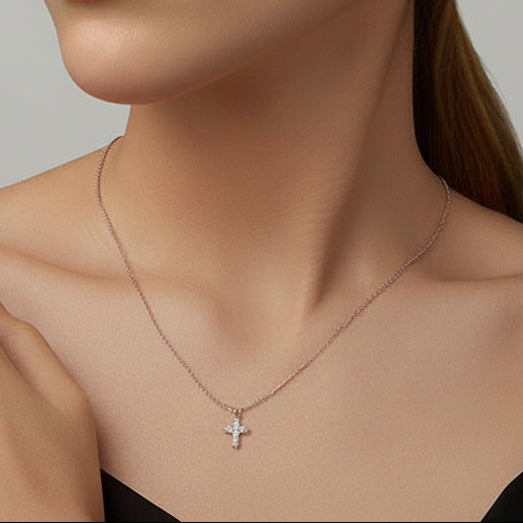 Holy Christian Cross Micro Moissanite Diamond Pendant set in Platinum Plated 925 Silver (GRA)