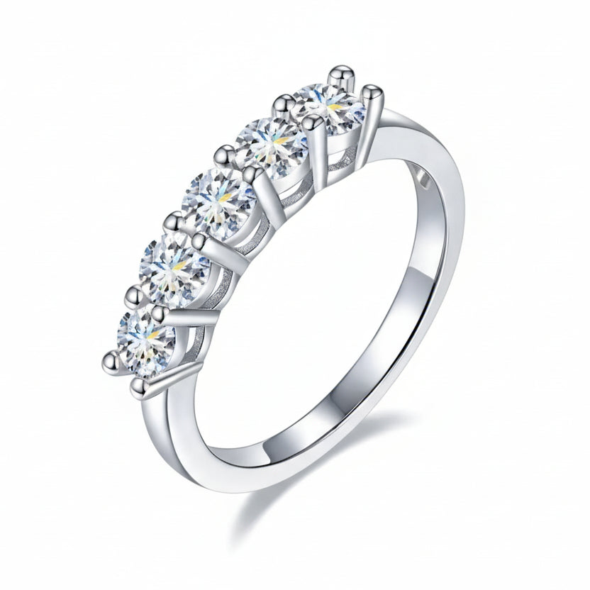 American Five Star Row Design 1.5 Carat Moissanite Diamond Ring set in Platinum Plated 925 Silver