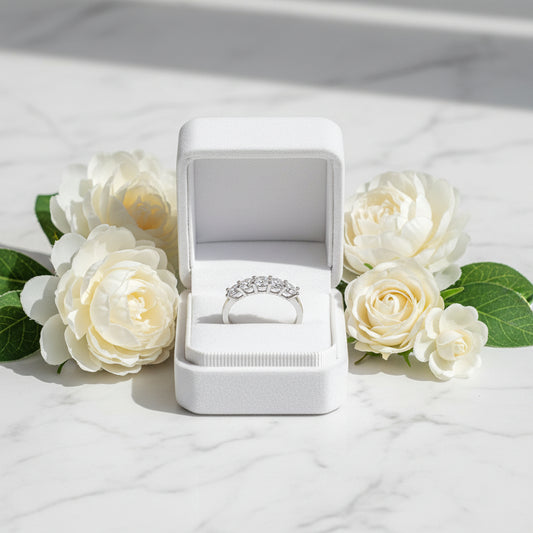 American Five Star Row Design 1.5 Carat Moissanite Diamond Ring set in Platinum Plated 925 Silver