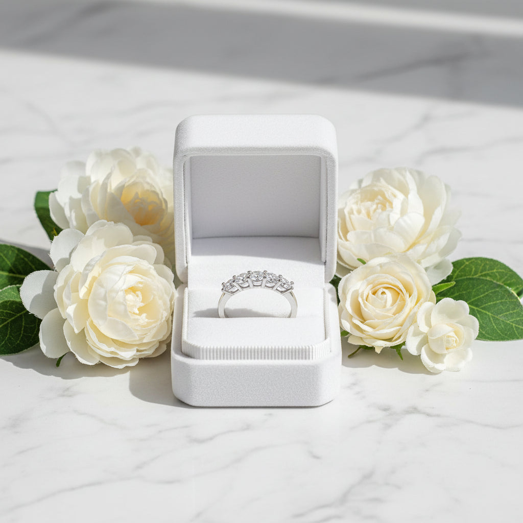 American Five Star Row Design 1.5 Carat Moissanite Diamond Ring set in Platinum Plated 925 Silver
