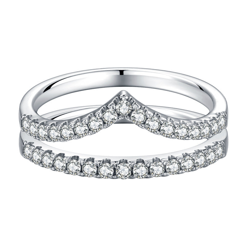 French V Row Pavé Micro Inlaid Moissanite Diamond Ring set in 18K White Gold Plated 925 Silver