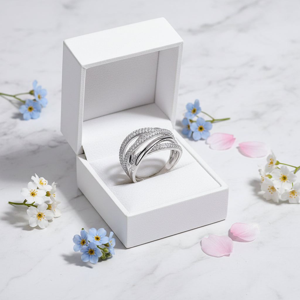 Italian Twist Micro Pavé-set 132 Moissanite Diamond Ring set in 18K White Gold Plated 925 Silver
