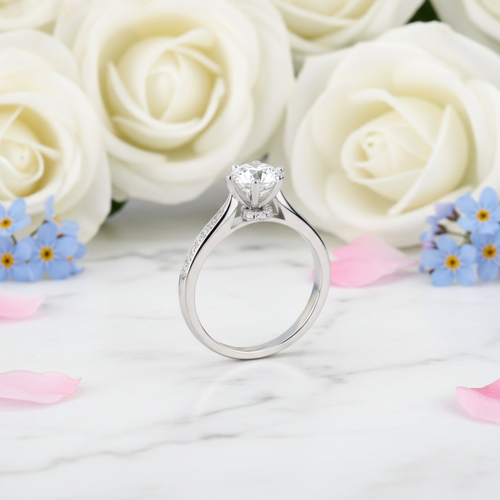 Hearts & Arrows 1 Carat Moissanite Diamond Ring set in 18K White Gold Plated 925 Silver (GRA)