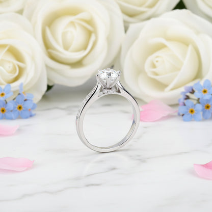 Hearts & Arrows Solitaire 1 Carat Moissanite Ring set in 18K White Gold Plated 925 Silver (GRA) Capella Jewellery