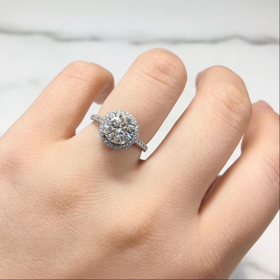 French Round Pavé Design 3 Carat Moissanite Diamond Ring set in 18K White Gold Plated 925 Silver (GRA)