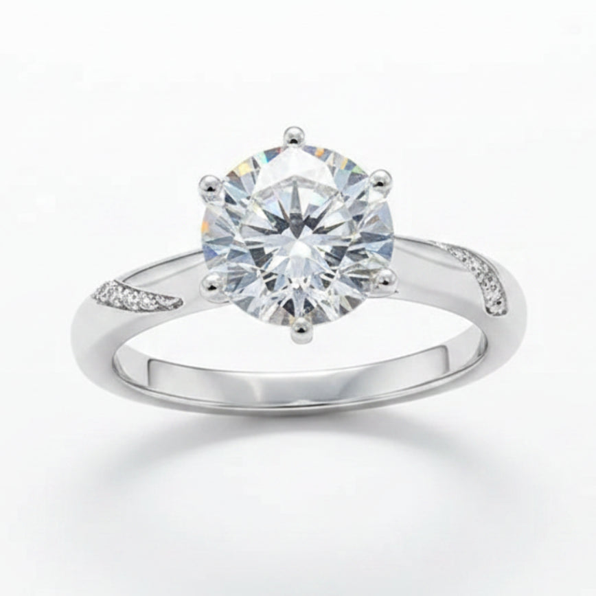 French Solitaire Pavé Inlay 3 Carat Moissanite Diamond Ring set in 18K White Gold 925 Silver (GRA)
