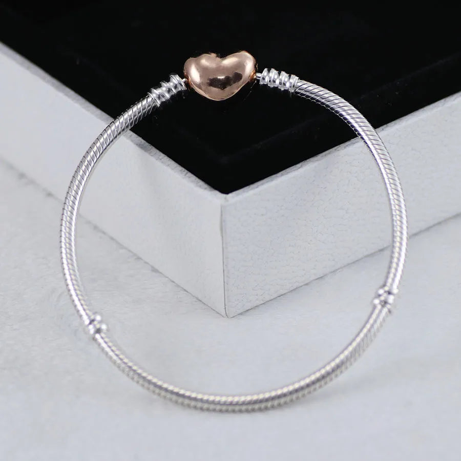 European Heart Buckle Snake Bone Bangle Bracelet set in 18K white Gold Plated 925 Sterling Silver Capella Jewellery