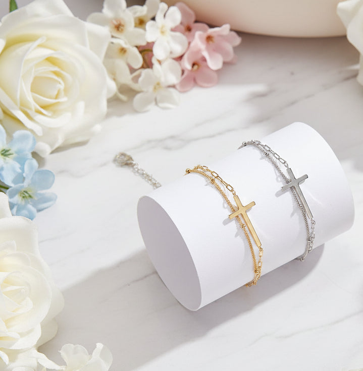 Italian Faith Double-Layer Christian Cross Design Bracelet set in 18K Gold Plated 925 Sterling Silver Capella Jewellery
