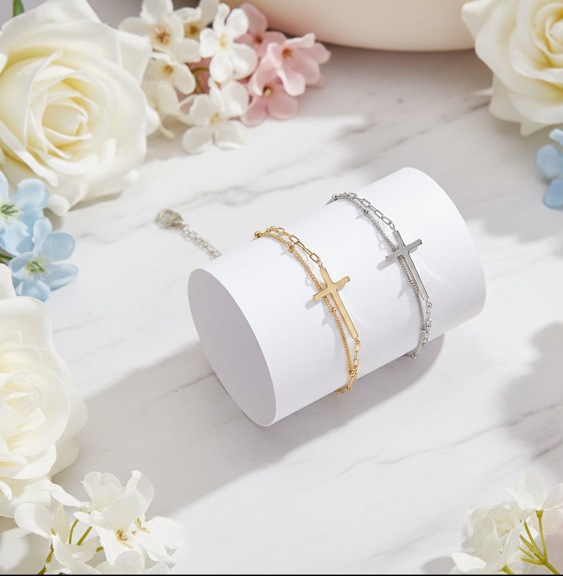 Double-Layer Christian Holy Cross Bracelet set in 18K Gold Plated 925 Sterling Silver