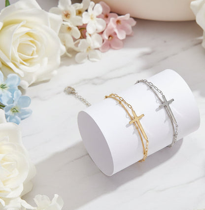 Italian Faith Double-Layer Christian Cross Design Bracelet set in 18K Gold Plated 925 Sterling Silver Capella Jewellery