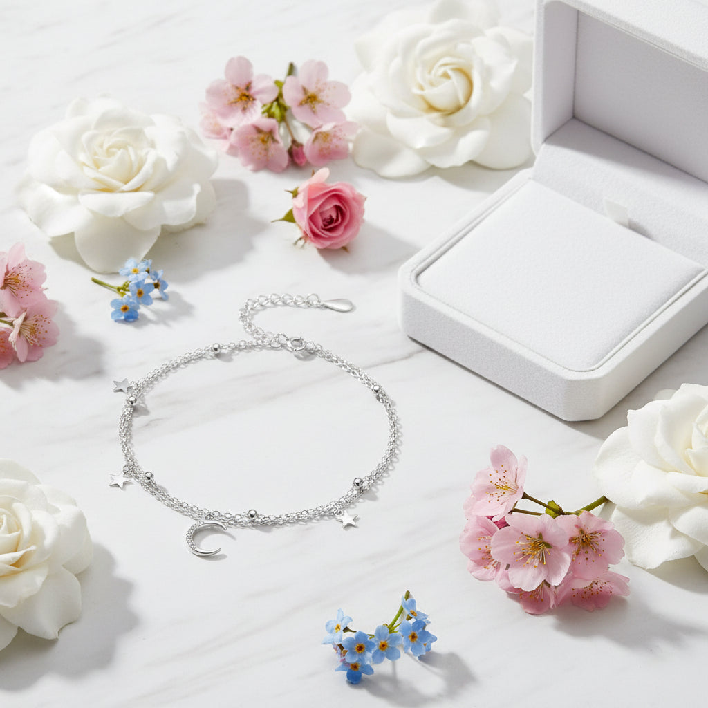 Moon & Stars Micro Zircon Gemstone Twin Layer Bracelet set in 925 Sterling Silver