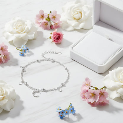 Moon & Stars Micro Natural Zircon Gemstone Twin Layer Bracelet set in Platinum Plated 925 Sterling Silver Capella Jewellery