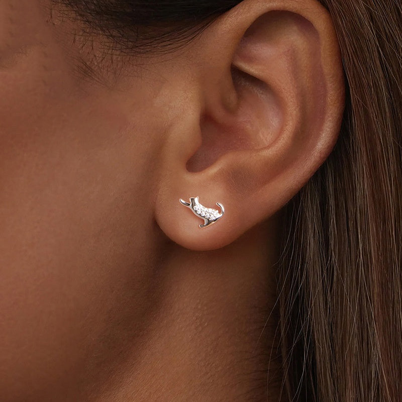 French Mini Cat Design Micro Natural Zircon Gemstone Earrings set in Platinum Plated 925 Silver