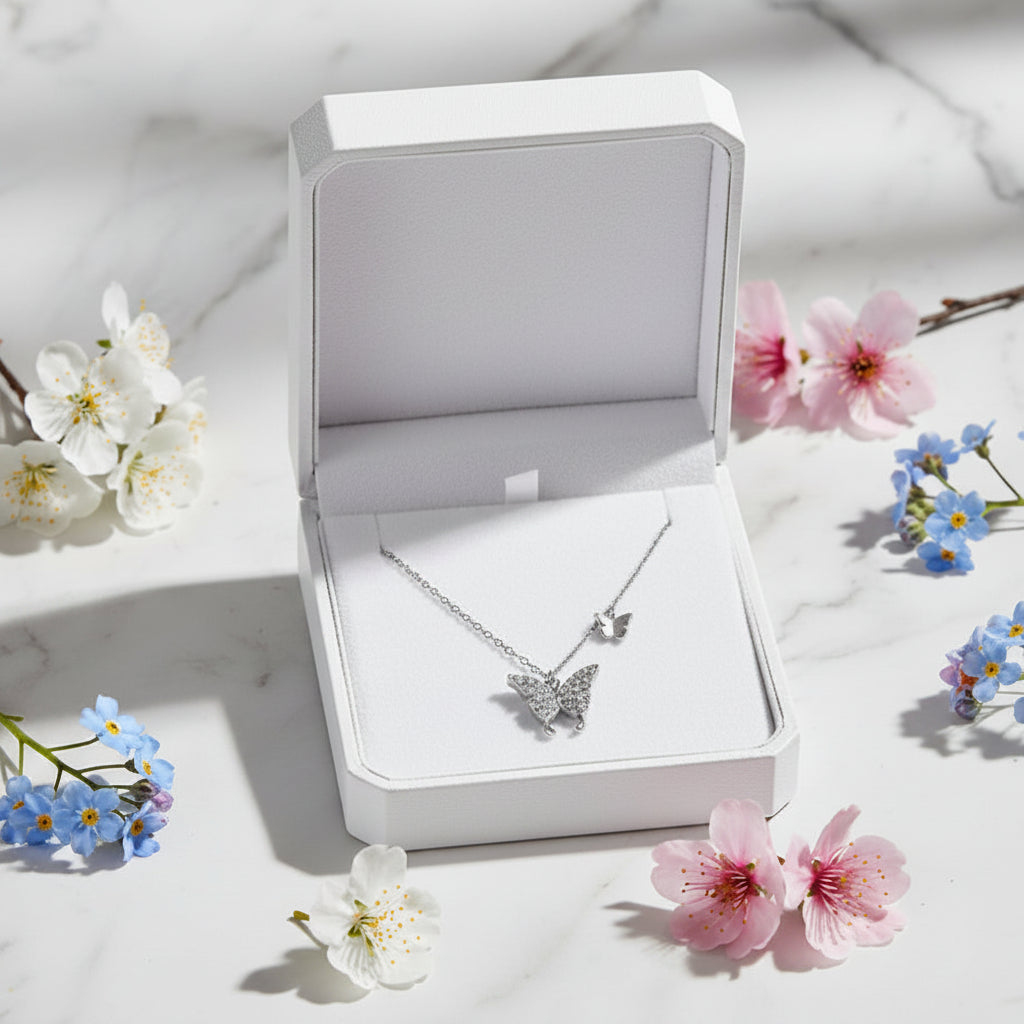 Twin Butterflies Design Micro Inlaid Moissanite Diamond Necklace set in 925 Sterling Silver