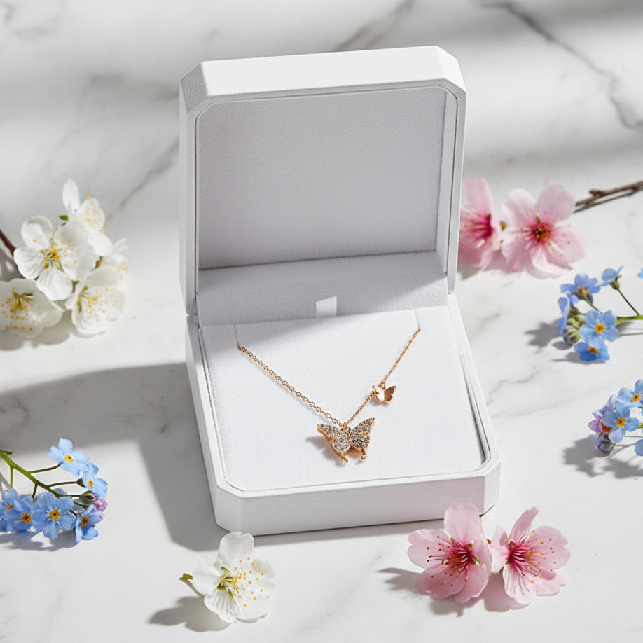 Twin Butterflies Design Micro Inlaid Moissanite Diamond Necklace set in 925 Sterling Silver