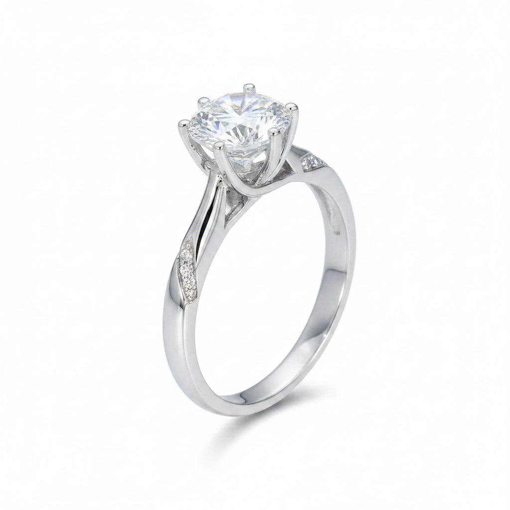 French Solitaire Pavé Inlay 3 Carat Moissanite Diamond Ring set in 18K White Gold 925 Silver (GRA)