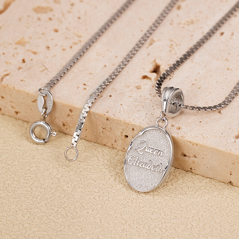 French Designed Queen Elizabeth Portrait Pendant set in Platinum Plated 925 Silver Necklace